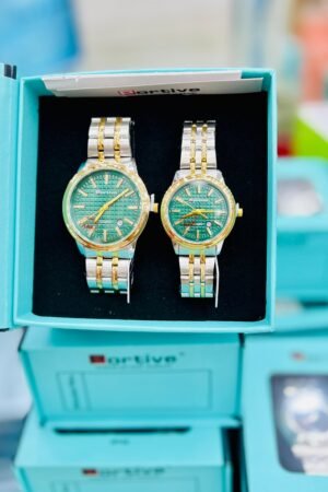 Portive Premium Couple Quartz Watch Set – Stainless Steel Analog Wrist Watches for Men & Women (Silver/Gold)