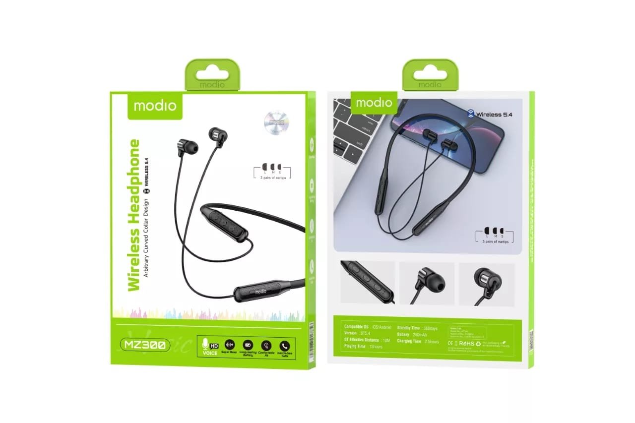 Modio Wireless Neckband Earphones – Comfortable Curved Collar Design with Deep Bass - Image 3