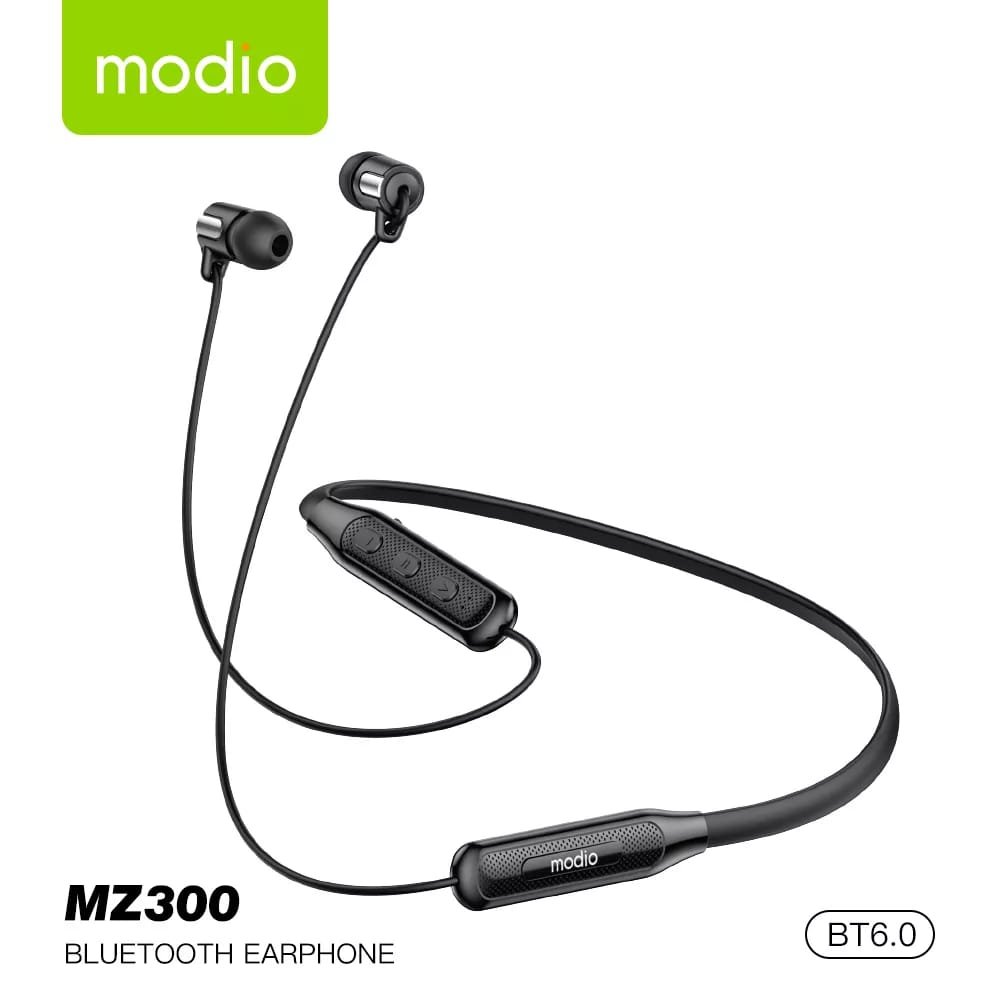 Modio Wireless Neckband Earphones – Comfortable Curved Collar Design with Deep Bass