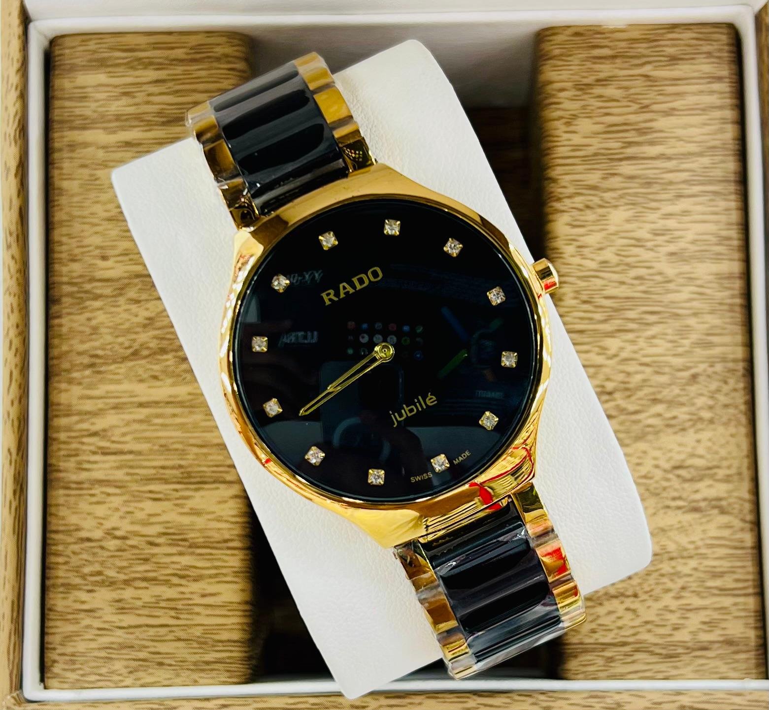 Rado Luxury Men's Quartz Watch – Black & Gold Dual-Tone Stainless Steel Wristwatch