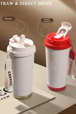 Stainless Steel Insulated Coffee Mug with Dual Drinking Lid & Carrying Strap