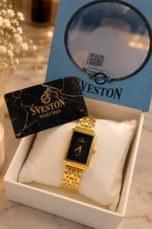Sveston Elegant Rectangular Gold Watch for Women — Luxury Gift Set