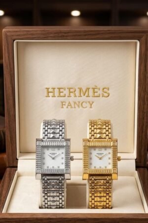 Hermes Fancy Luxury Women’s Rectangular Crystal Watch – Metallic Link Bracelet with Diamond Bezel (Silver & Gold)